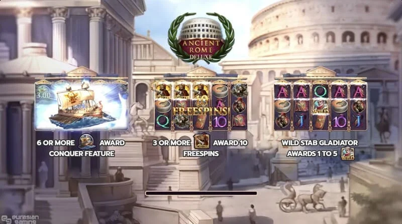 Ancient Rome Deluxe AI – hlavná obrazovka valcov a rozhrania